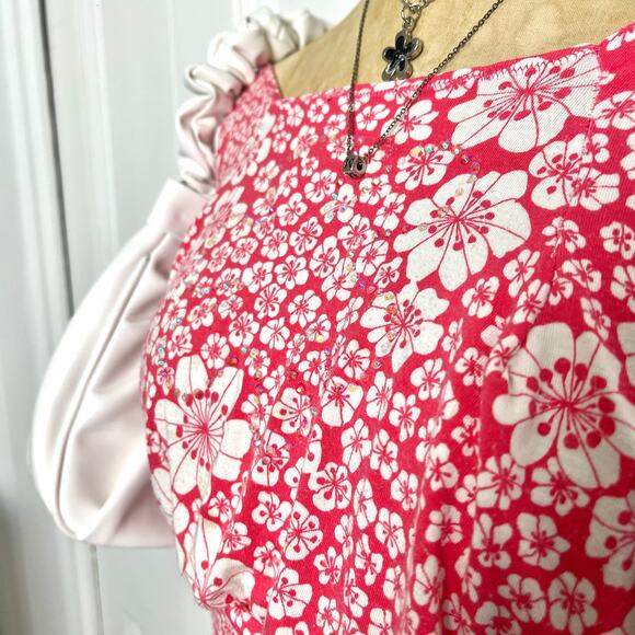 Floral pink/white semi off shoulder top with cowl top and cinched waist size XS - Picture 4 of 8